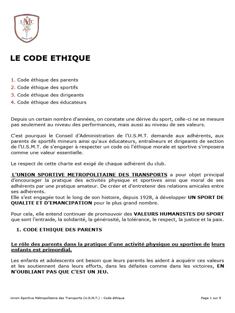 Code Éthique de l'U.S.M.T. | PDF | Des sports | Moralité