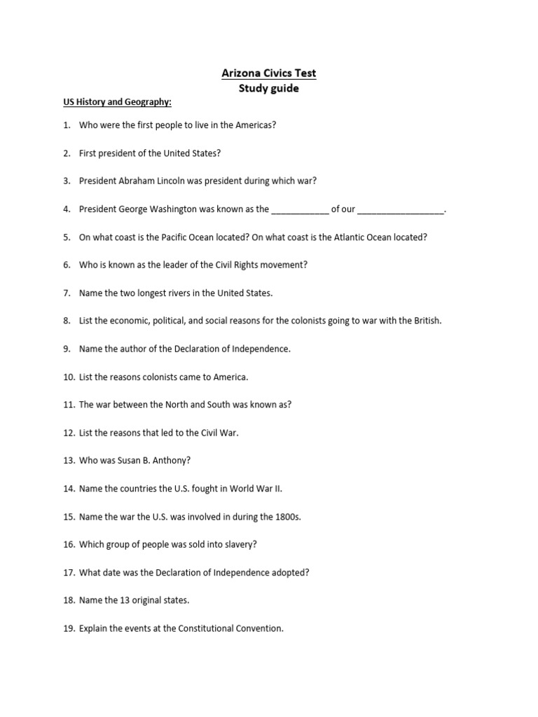 Arizona civics test study guide pdf presidents of the united