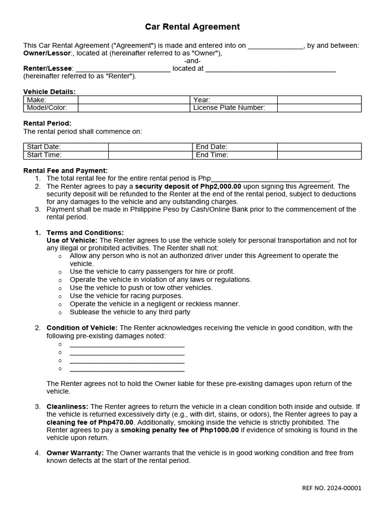 Car Rental Agreement - 2024 - 001 | PDF | Lease | Indemnity