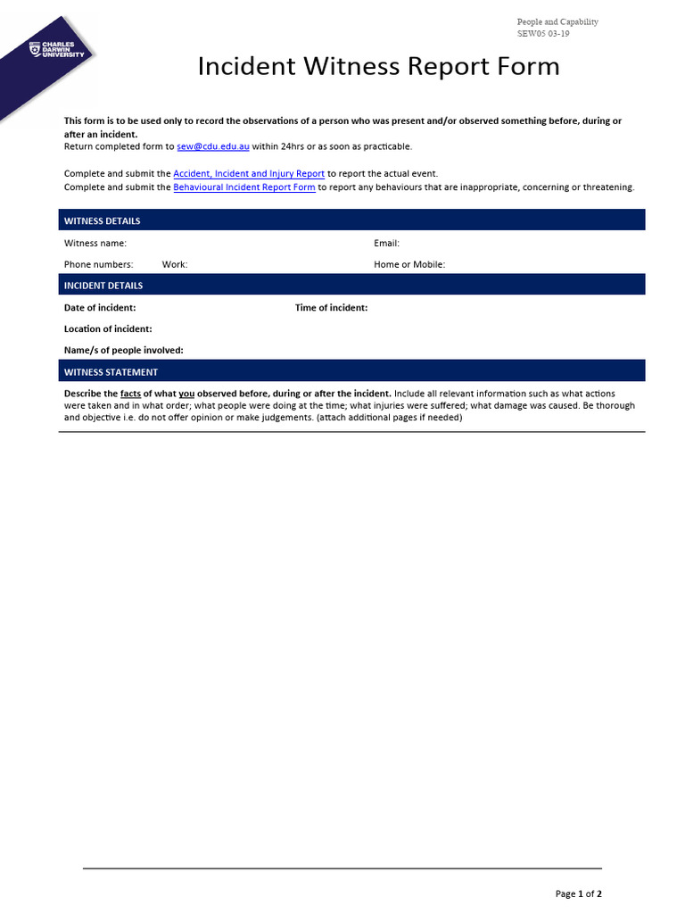 Incident Witness Report Form | PDF | Witness | Information