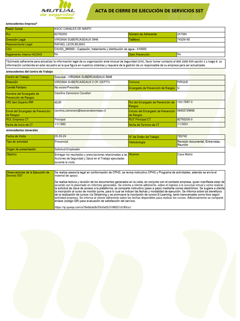 Acta de Cierre Servicios SST ASOC Canales | PDF | Business