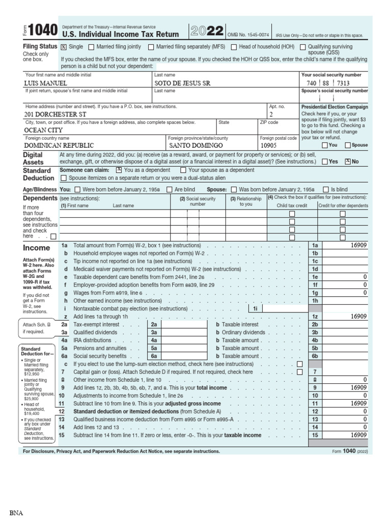 2022 U.S. Individual Tax Return Form | PDF | Irs Tax Forms | Social ...