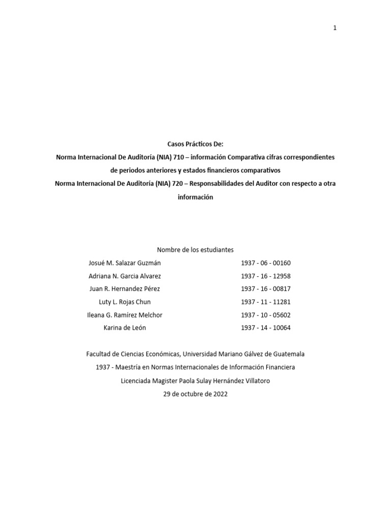 Casos Prácticos NIA 710 y 720 | PDF | Auditoría | Preocupación continua