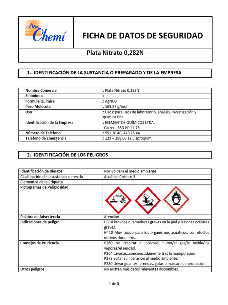 FDS Plata Nitrato 0,282N | PDF | Agua | Residuos