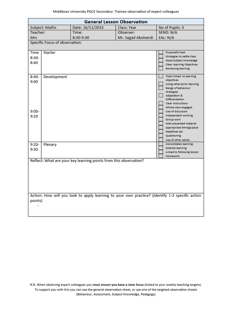 General Observation of Maths Lesson | PDF | Learning | Teachers