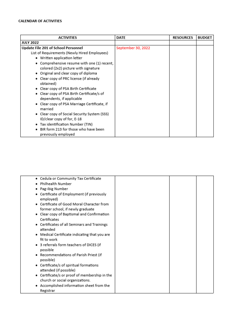 Calendar of activities hr or registrar pdf academic term