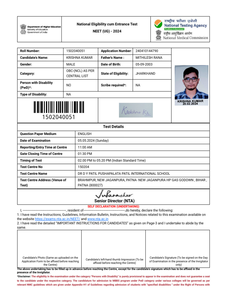 NEET 2024: Roll vs Application Number | PDF | Identity Document