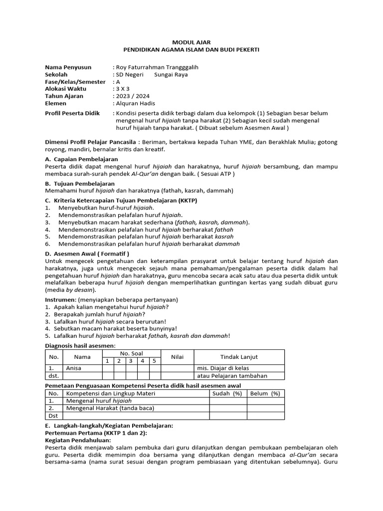 Modul Ajar Huruf Hijaiah dan Harakat | PDF | Seni & Disiplin Bahasa