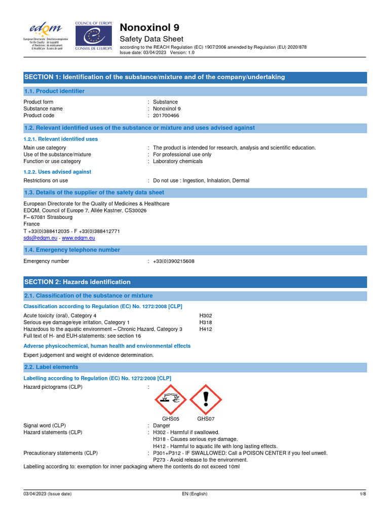 Nonoxinol 9 Safety Data Sheet | PDF | Toxicity | Occupational Safety ...