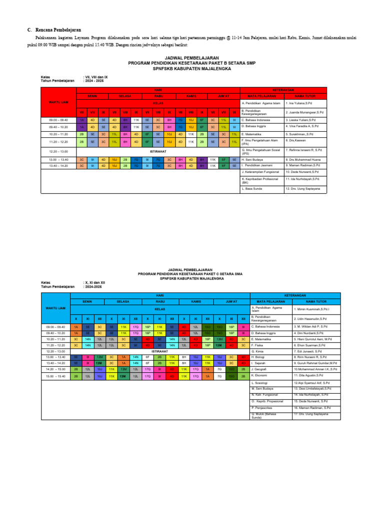 Jadwal Pembelajaran Paket B dan C | PDF