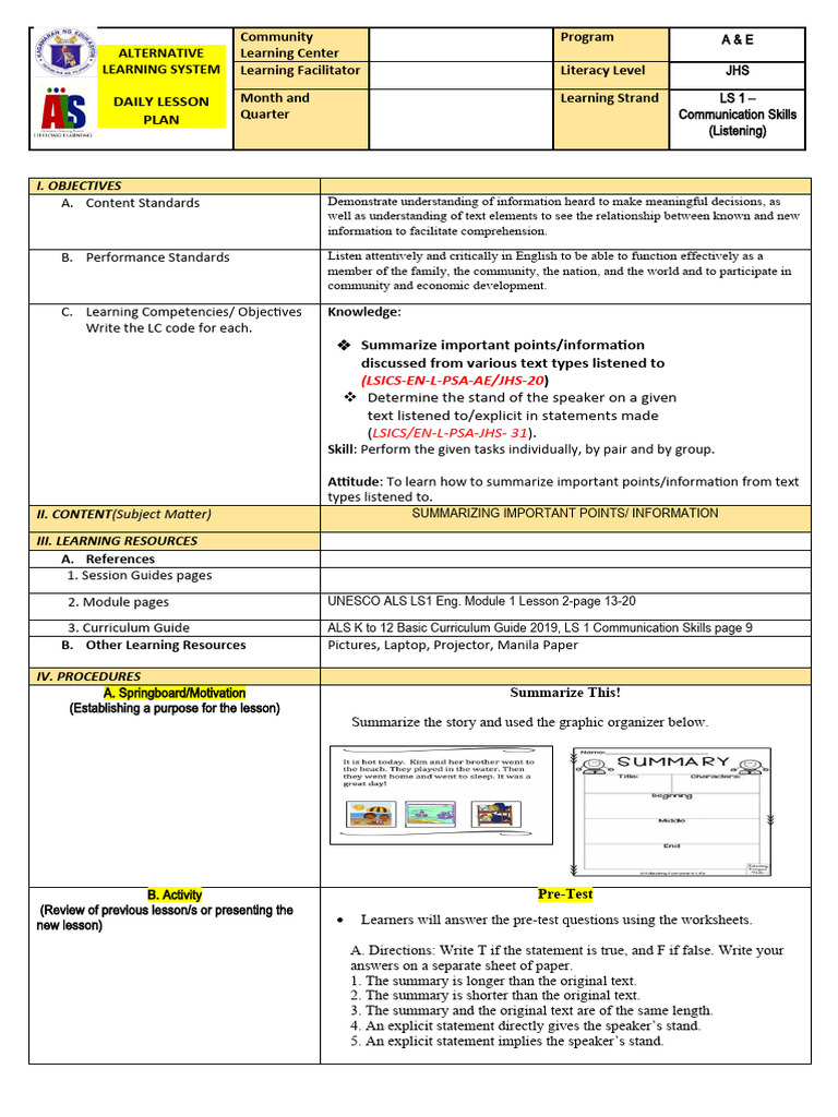 ALS JHS Communication Skills Plan | PDF | Learning | Reading Comprehension