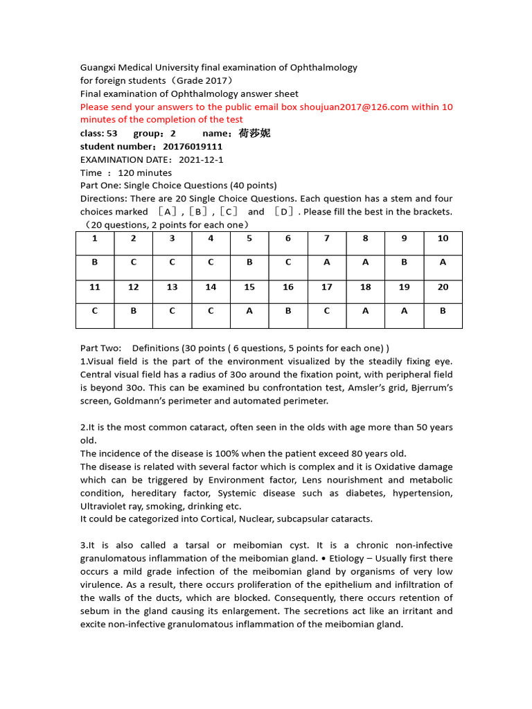 Ophthalmology Exam Answers for 2017 Students | PDF | Glaucoma ...