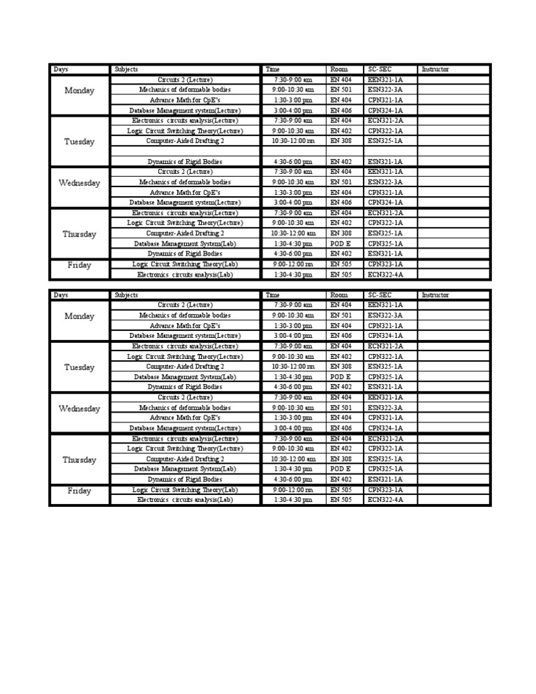 Weekly Class Schedule Overview | PDF