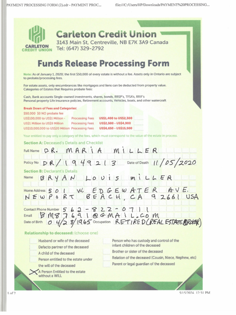 Funds Release Processing Form - Policy# DR-1949213-2 | PDF