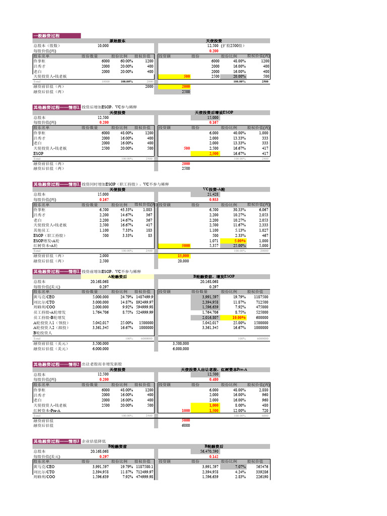 融资后的股权比例及股权价值计算案例| PDF