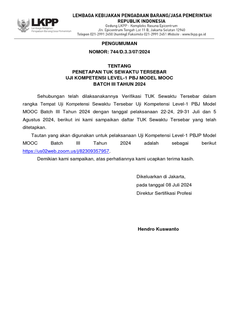 Penetapan Tuk Sewaktu Tersebar Uji Kompetensi Level-1 Pbj Model Mooc