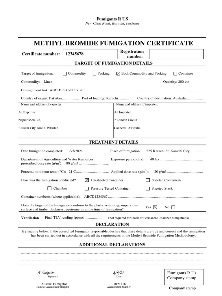 Methyl Bromide Fumigation Certificate | PDF