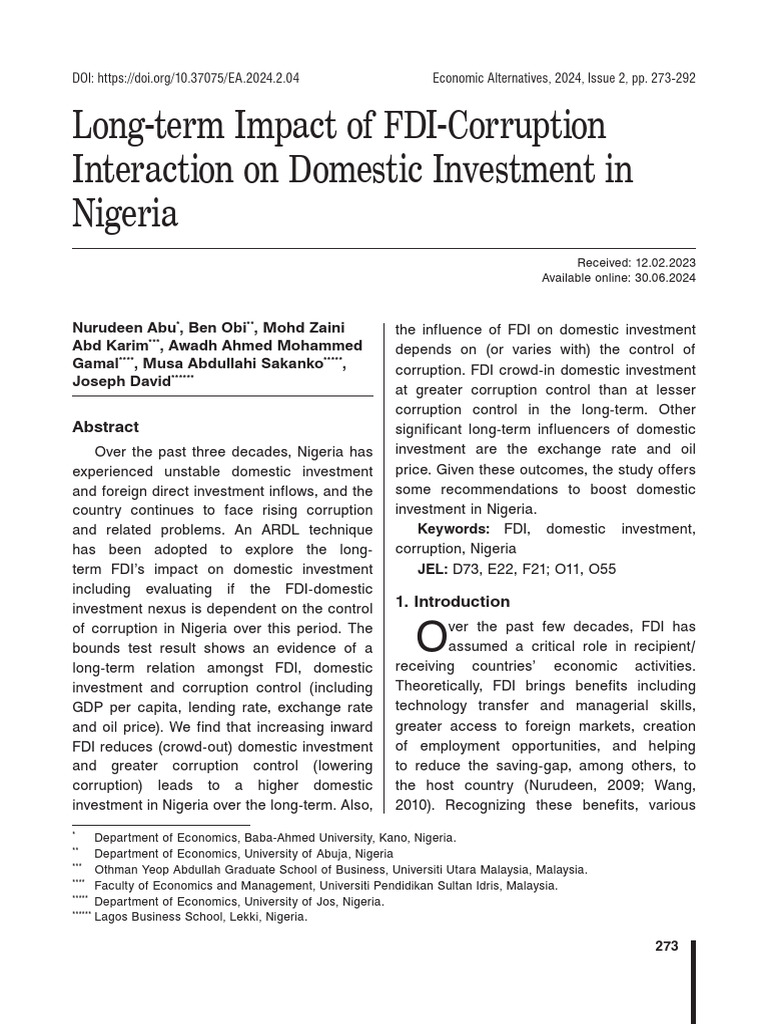 Fdi Corruption and Domestic Investment Paper | PDF | Foreign Direct ...