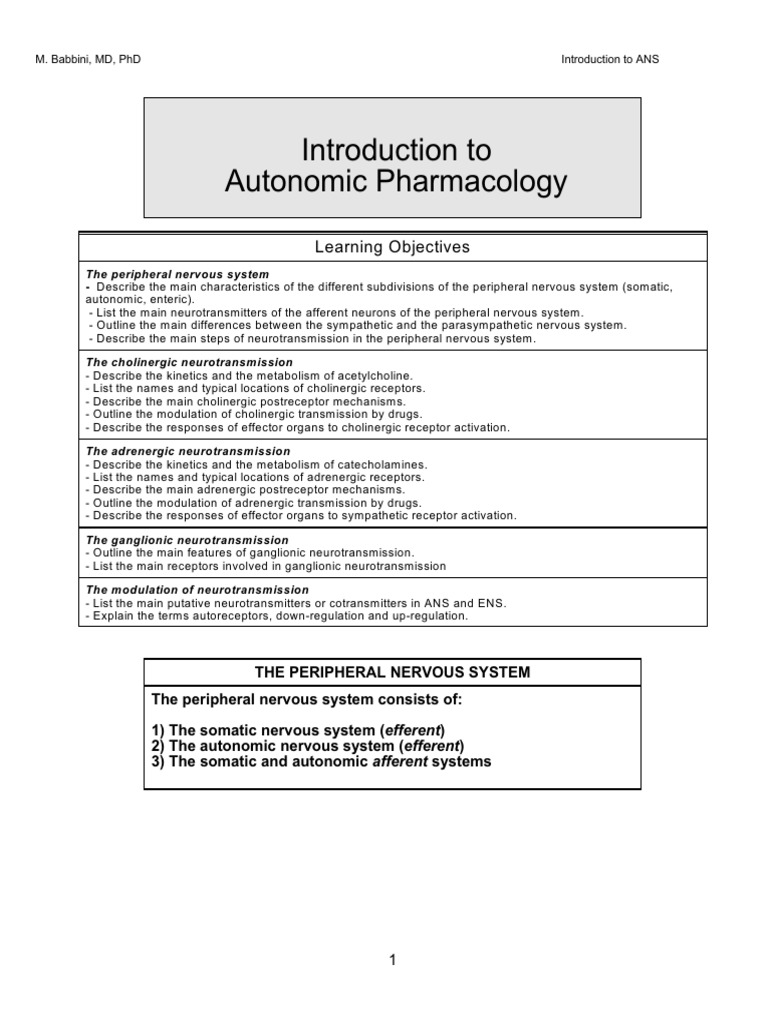 Introduction To Ans Pharmacology Pdf Autonomic Nervous System