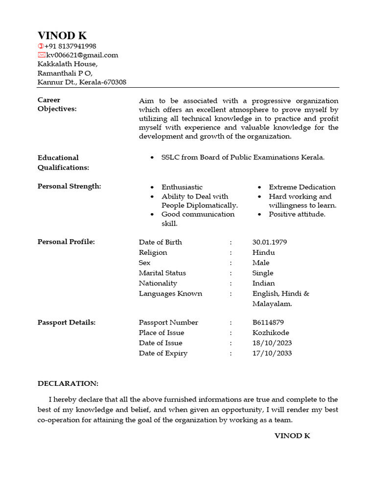 Vinod K's Professional Profile and Resume | PDF