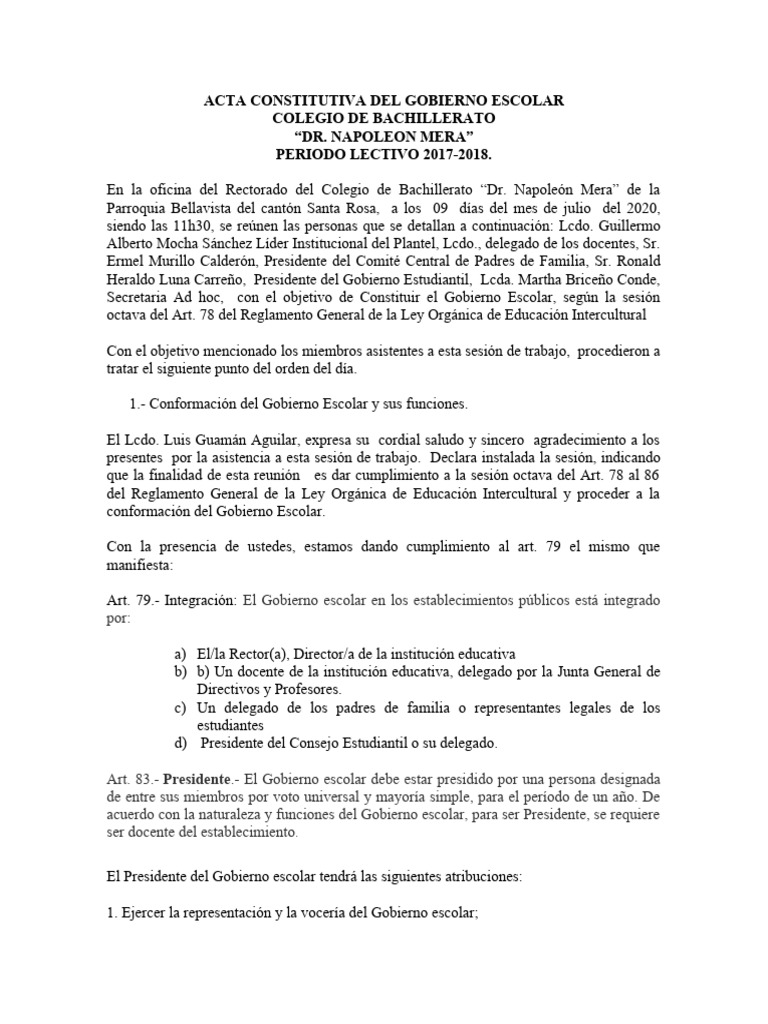 Acta Constitutiva Del Gobierno Escolar | PDF | Gobierno