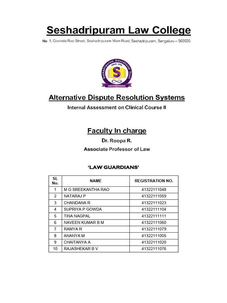 Internal Assessment on ADR Systems | PDF | Arbitration | Alternative ...