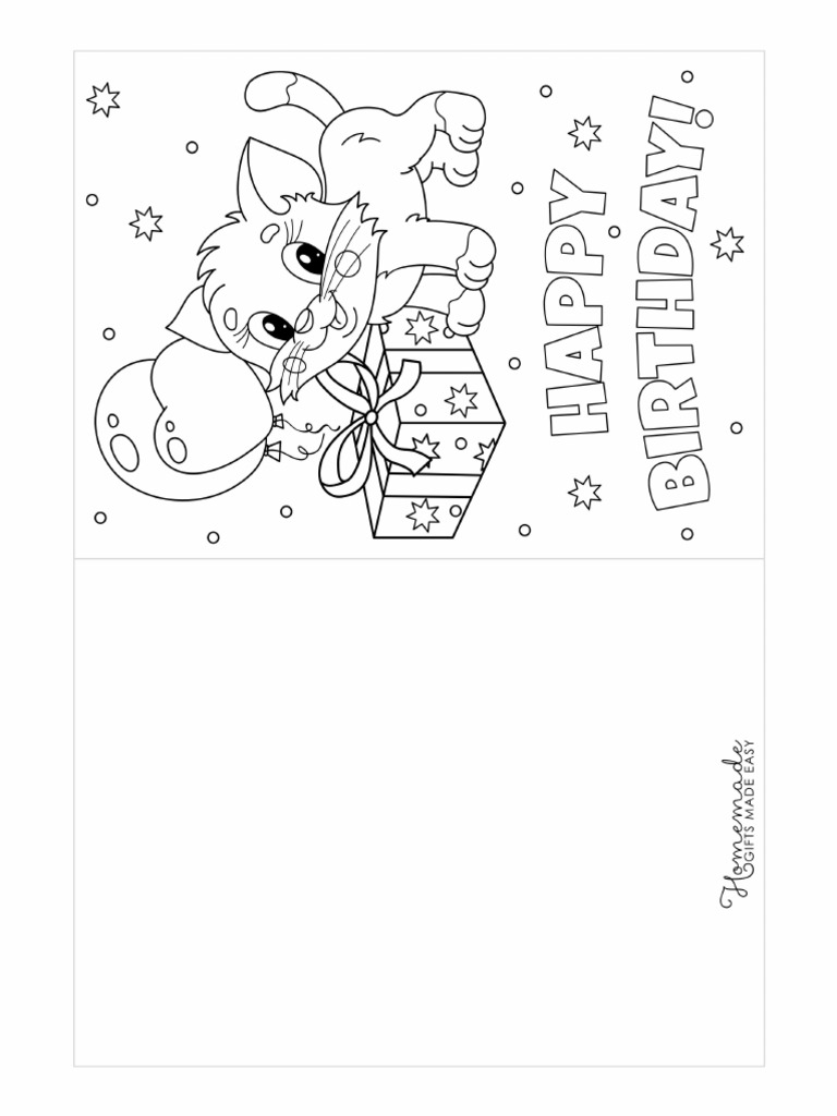 Printable Birthday Cards To Color Cute Cat Kitten Present | PDF