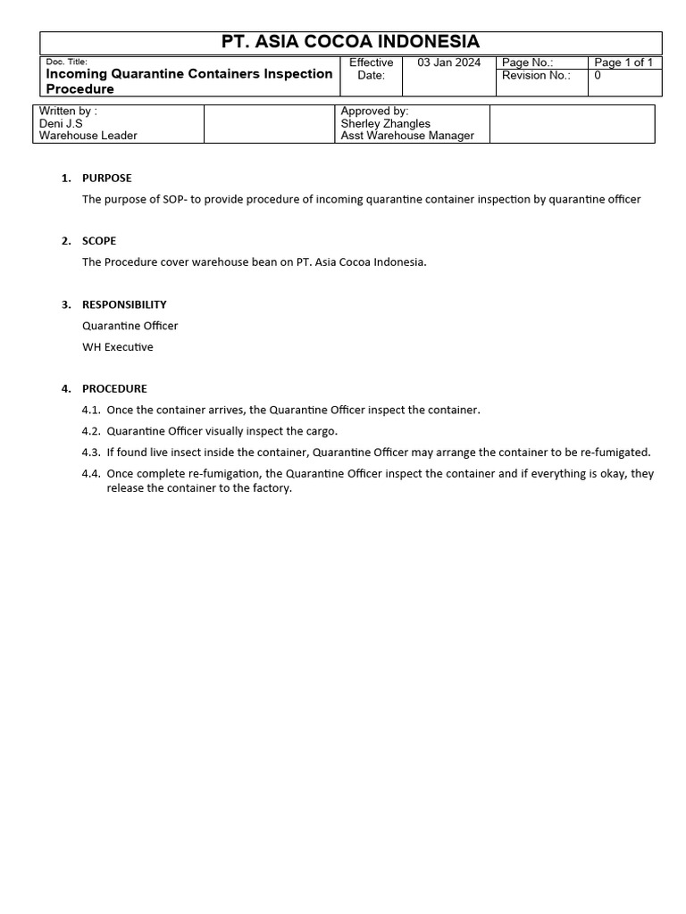 Quarantine Container Inspection SOP | PDF