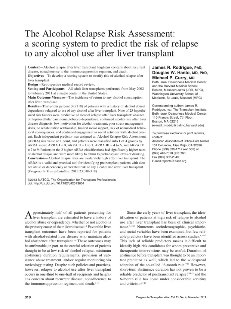 Alcohol Relapse Risk After Liver Transplant | PDF | Alcoholism ...