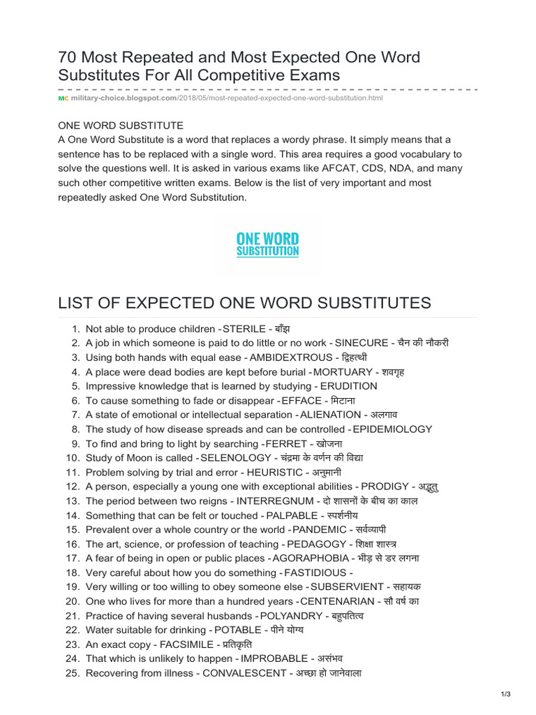 70 Most Repeated and Most Expected One Word Substitutes | PDF ...