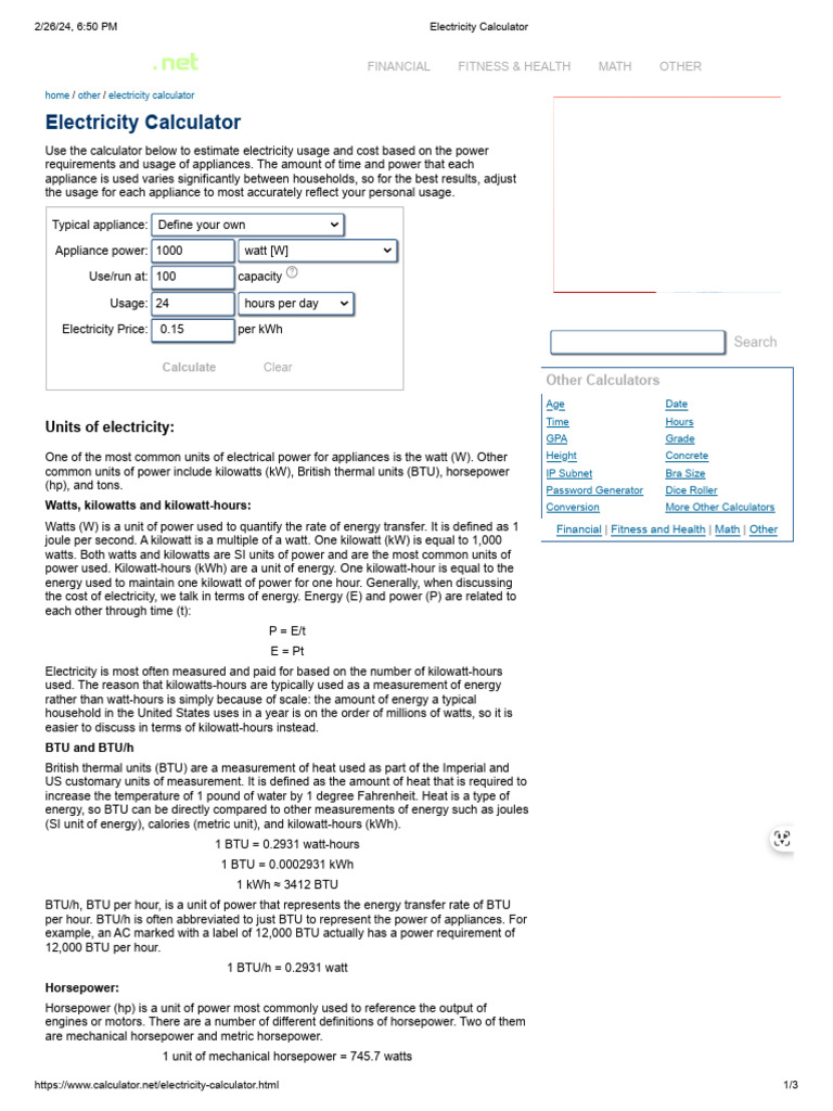 Electricity Calculator | PDF | British Thermal Unit | Watt