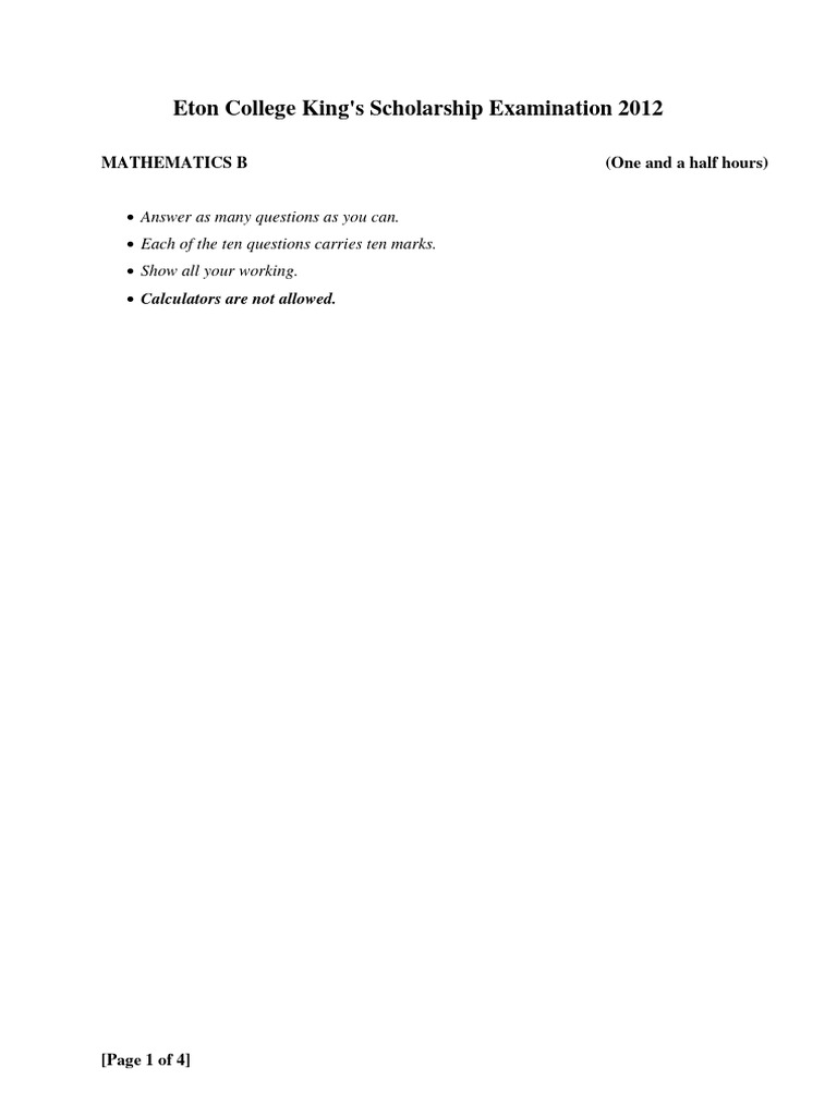 Eton College 2012 Math Scholarship Exam | PDF | Triangle | Mathematical ...