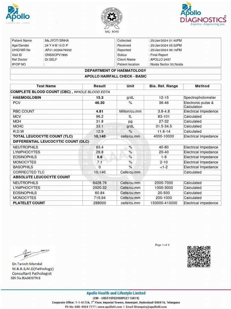 Apollo247 250181881 Labreport | PDF | White Blood Cell | Clinical Pathology