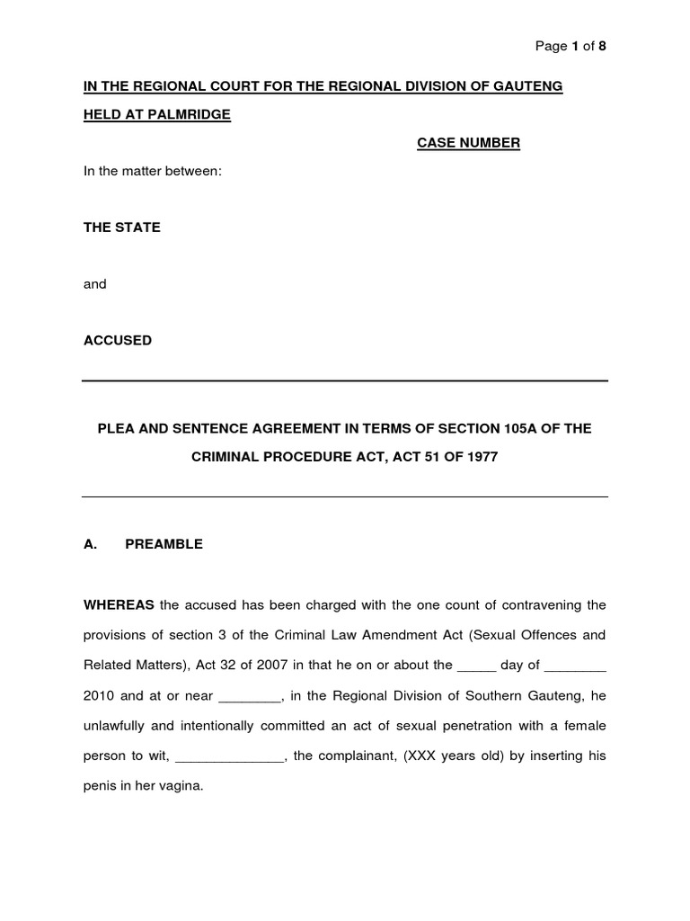 Section 105A Plea and Sentence Agreement | PDF | Criminal Procedure In ...