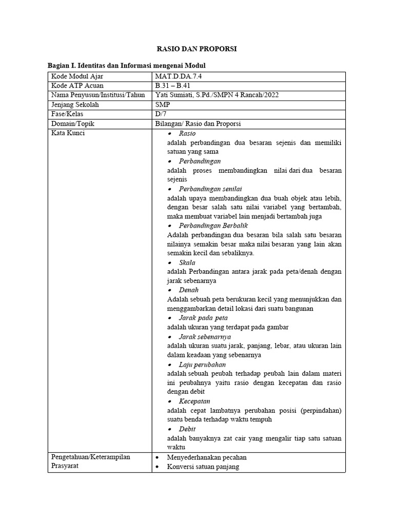 Modul Ajar Rasio dan Proporsi Kelas 7 | PDF