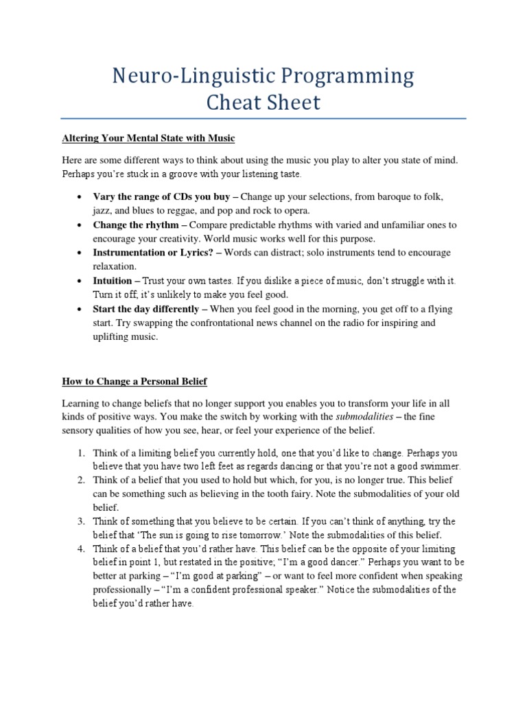 NLP Cheat Sheet | PDF | Phobia | Neuro Linguistic Programming