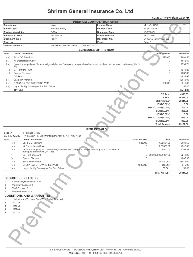 Premium Calculation for Motor Insurance | PDF | Insurance | Deductible