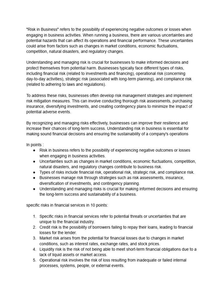 Understanding Business Risks and Management | PDF | Risk | Bank For ...
