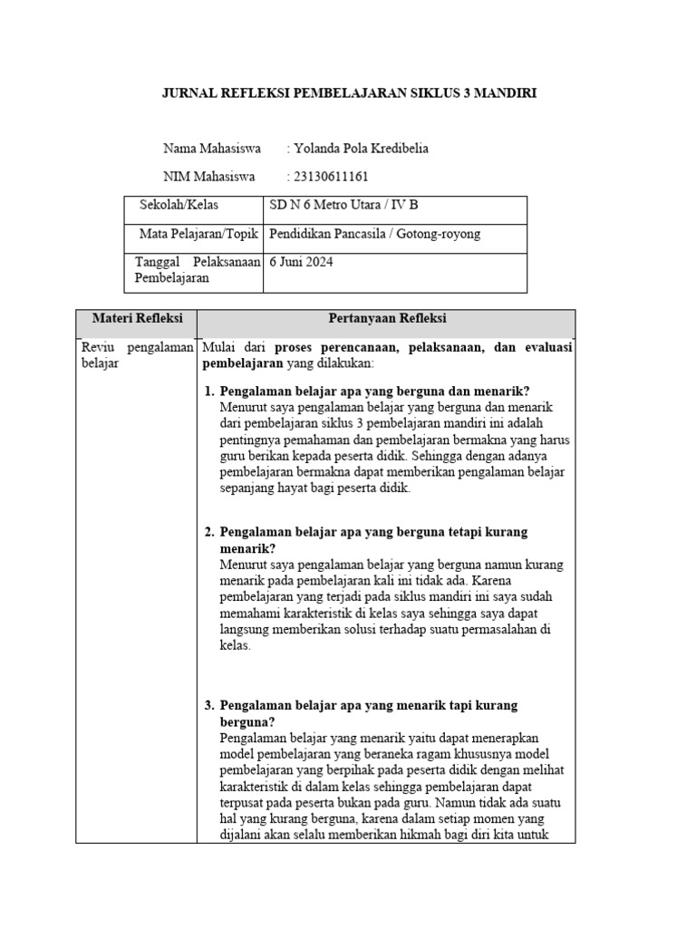 contoh jurnal refleksi efektif pembelajaran pengembangan diri
