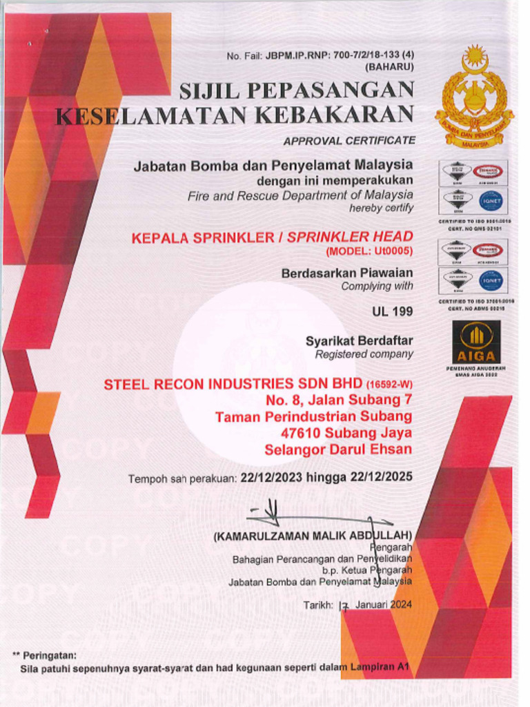 Sijil Perakuaan 79 & 93 Deg C Pendent Sprinkler Head | PDF