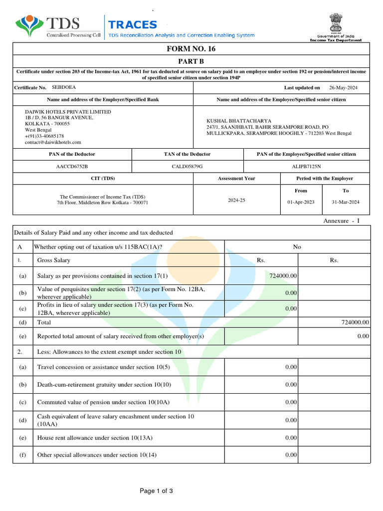 Form 16 TDS Certificate 2024-25 | PDF | Tax Deduction | Pension