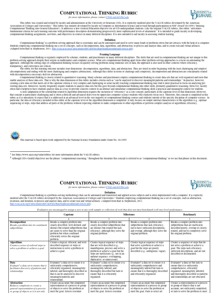 Computational Thinking Assessment Rubric | PDF | Thought | Algorithms