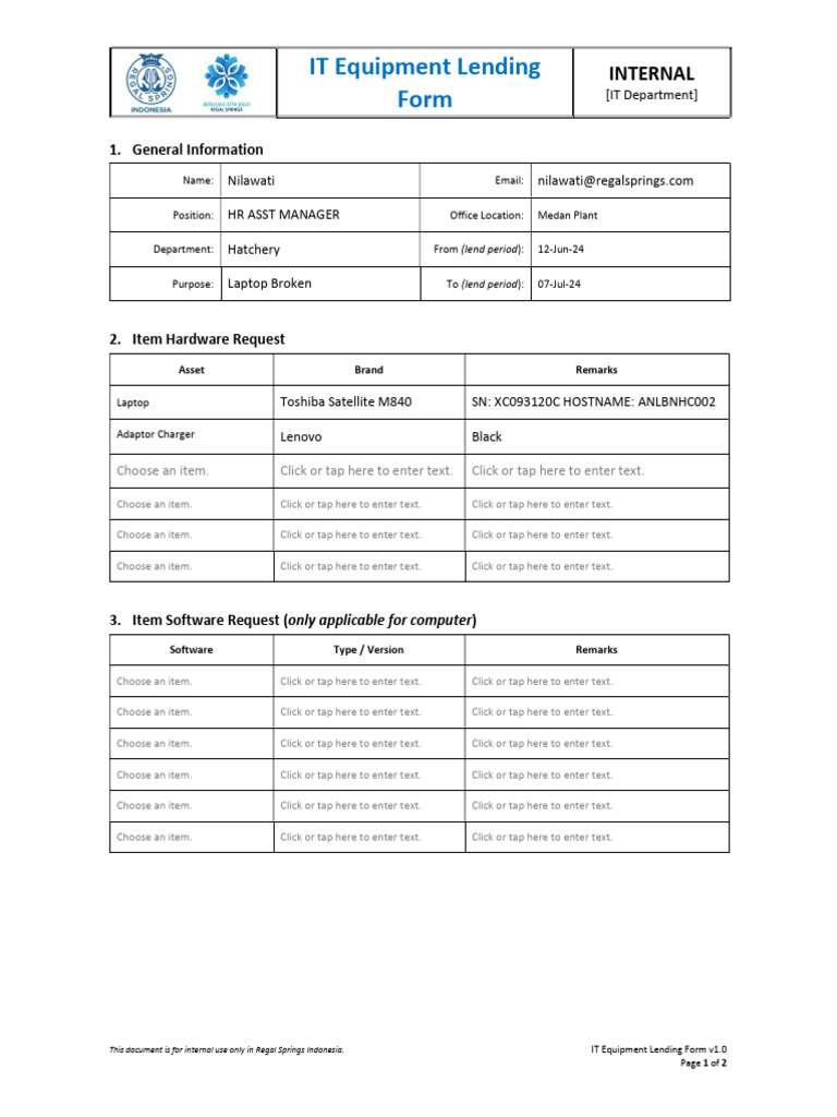 IT Equipment Lending Form Template | PDF | Personal Computing | Software