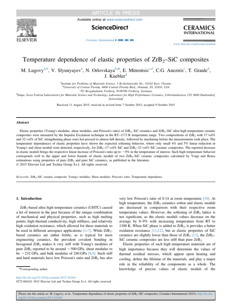 Elastic Properties of ZrB2-SiC Composites | PDF | Young's Modulus ...