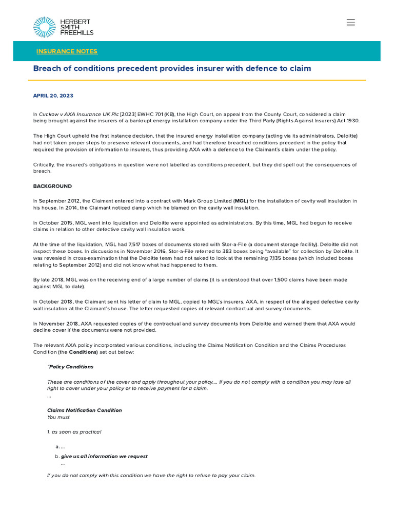 Insurer Defense: Breach of Conditions Precedent | PDF | Insurance ...