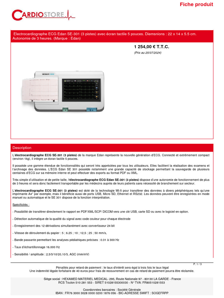 ECG Edan SE-301 : Compact et Connecté | PDF | Électrocardiographie | USB
