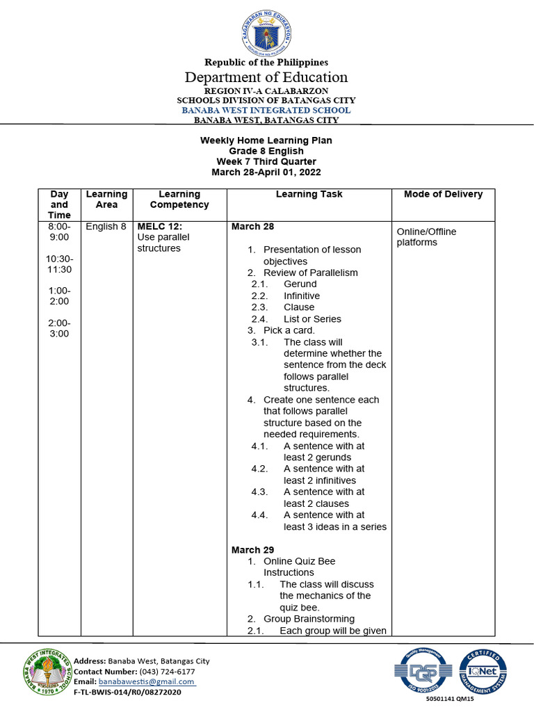 Grade 8 English Week 7 Plan | PDF | Cognition | Linguistics