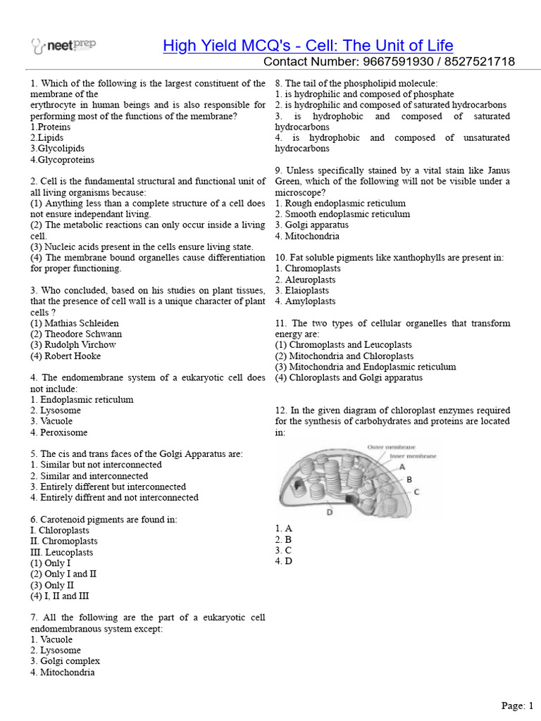 Cell the unit of life high yield mcqs for neet 2022 revision pdf