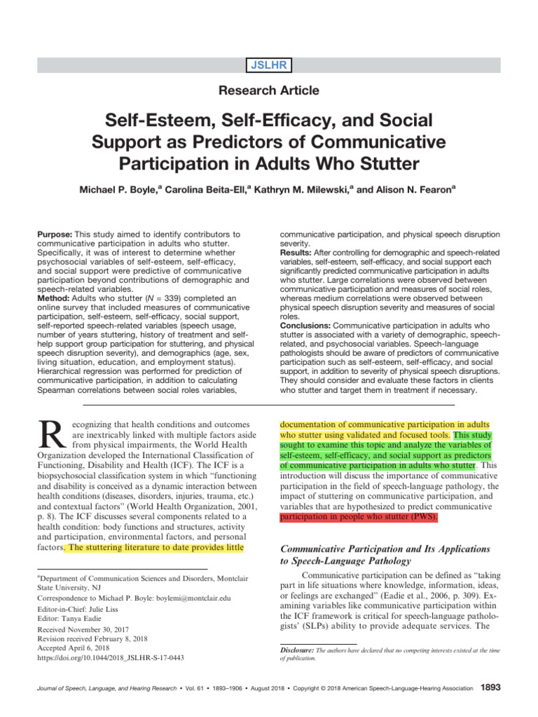 Self-Esteem, Self-Efficacy, and Social (2026) | PDF | Stuttering ...