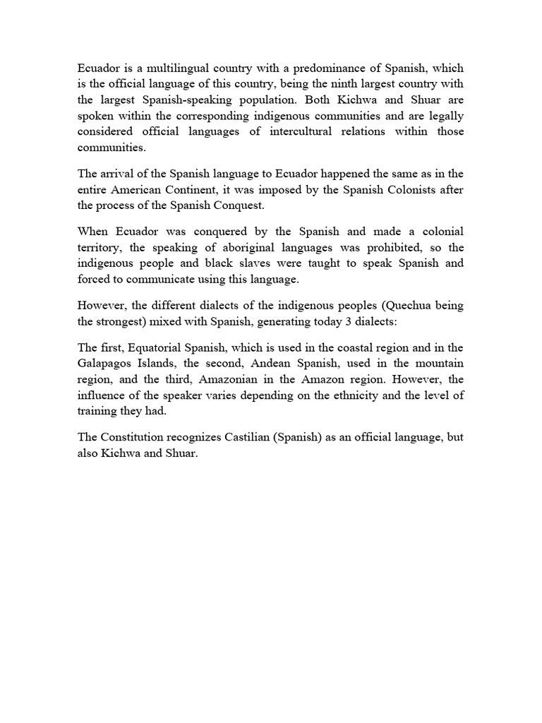 Ecuador Is A Multilingual Country With A Predominance of Spanish | PDF